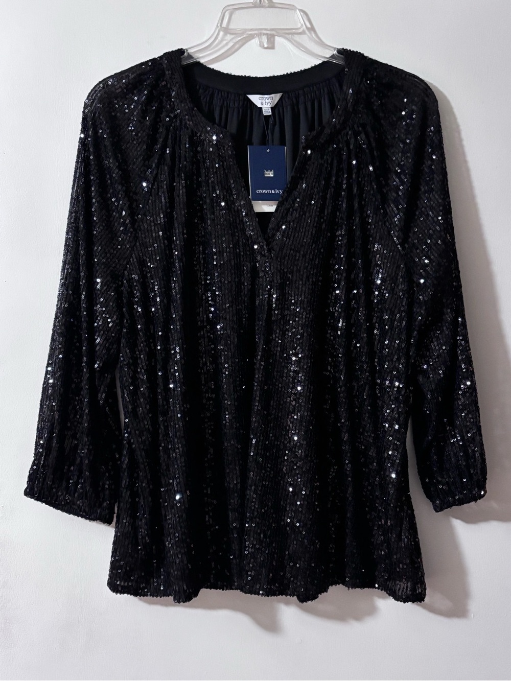 NWT Crown & Ivy Black Sequin Shimmer Peasant Blouse Shirt Size XXL